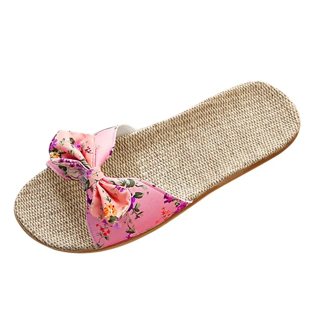 25#female Bow-knot Flax Linen Flip Flops For Woman Bohemia Style Flower Non-slip Beach Slipper Woman Shoes Zapatos De Mujer 2021