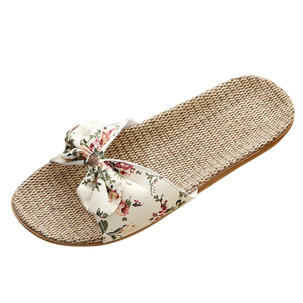 25#female Bow-knot Flax Linen Flip Flops For Woman Bohemia Style Flower Non-slip Beach Slipper Woman Shoes Zapatos De Mujer 2021