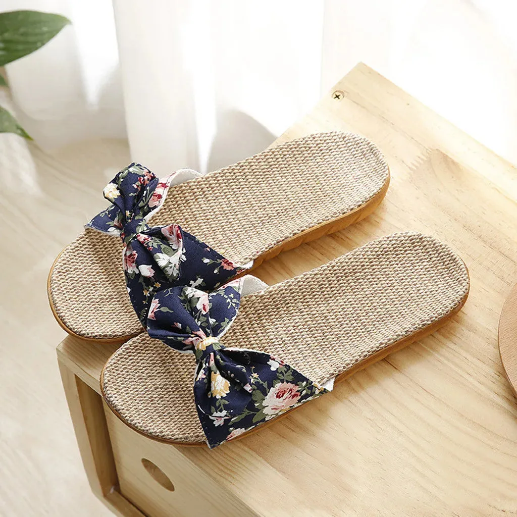 25#female Bow-knot Flax Linen Flip Flops For Woman Bohemia Style Flower Non-slip Beach Slipper Woman Shoes Zapatos De Mujer 2021