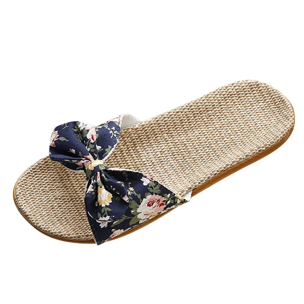 25#female Bow-knot Flax Linen Flip Flops For Woman Bohemia Style Flower Non-slip Beach Slipper Woman Shoes Zapatos De Mujer 2021