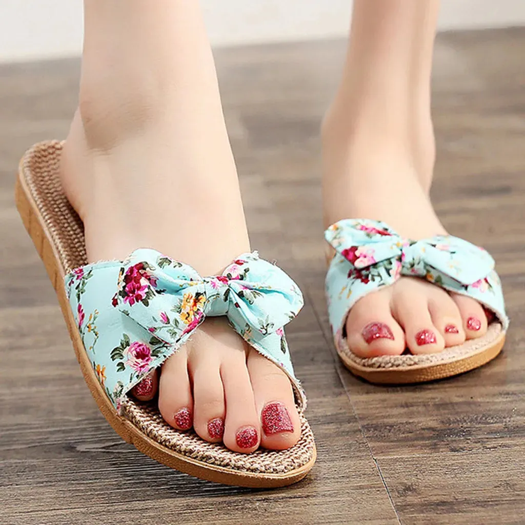 25#female Bow-knot Flax Linen Flip Flops For Woman Bohemia Style Flower Non-slip Beach Slipper Woman Shoes Zapatos De Mujer 2021