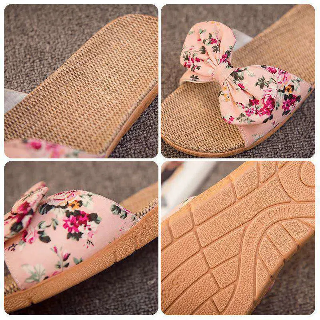 25#female Bow-knot Flax Linen Flip Flops For Woman Bohemia Style Flower Non-slip Beach Slipper Woman Shoes Zapatos De Mujer 2021