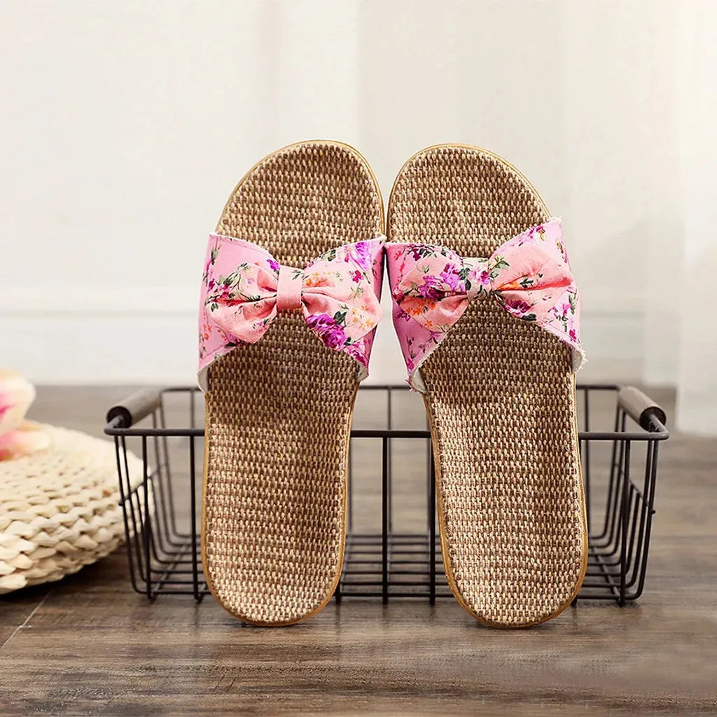 25#female Bow-knot Flax Linen Flip Flops For Woman Bohemia Style Flower Non-slip Beach Slipper Woman Shoes Zapatos De Mujer 2021