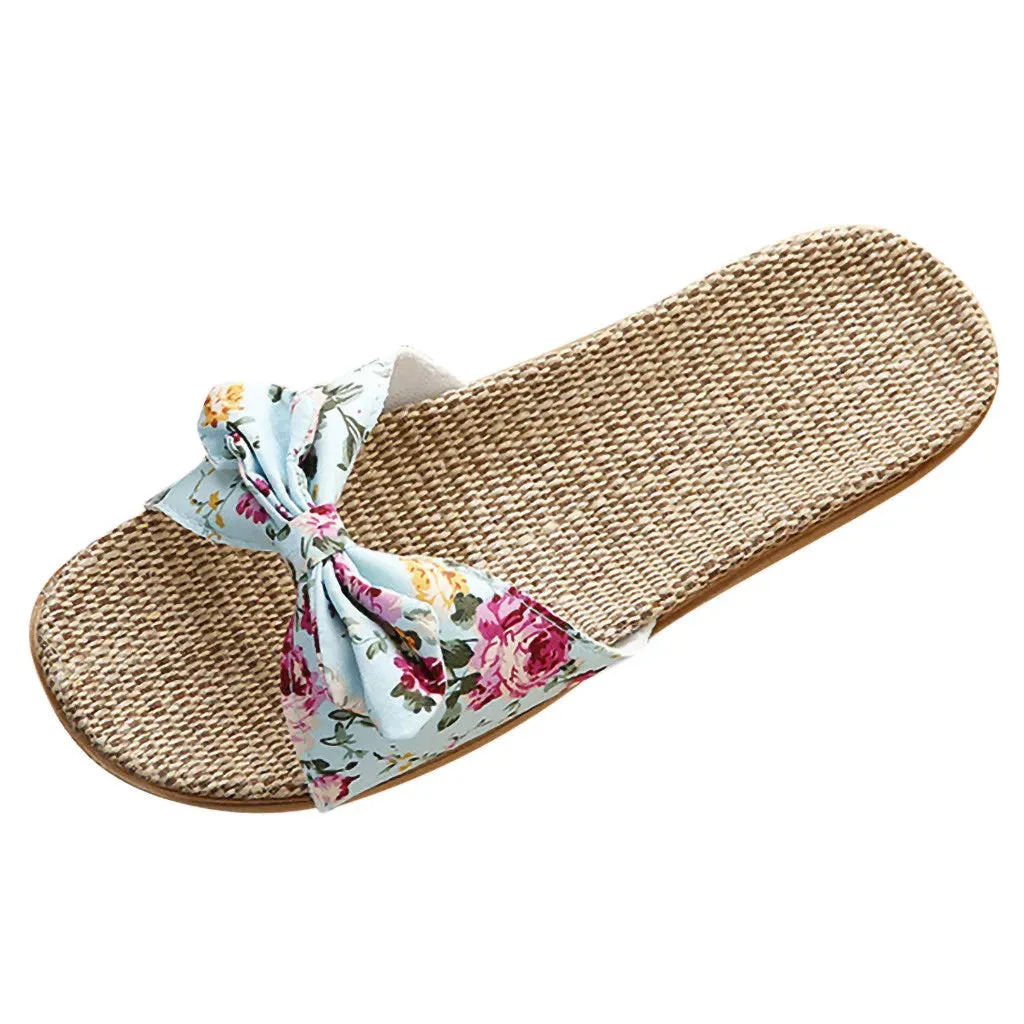 25#female Bow-knot Flax Linen Flip Flops For Woman Bohemia Style Flower Non-slip Beach Slipper Woman Shoes Zapatos De Mujer 2021