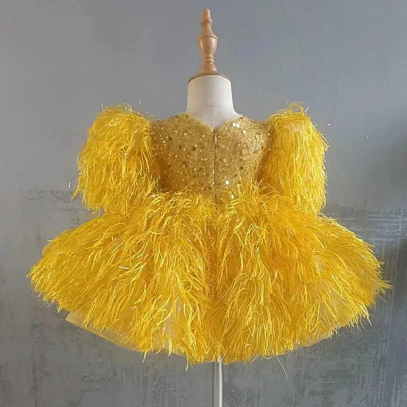 6M-12yrs Feather wedding party Sparklin dress for baby Sequin Girl's Dress