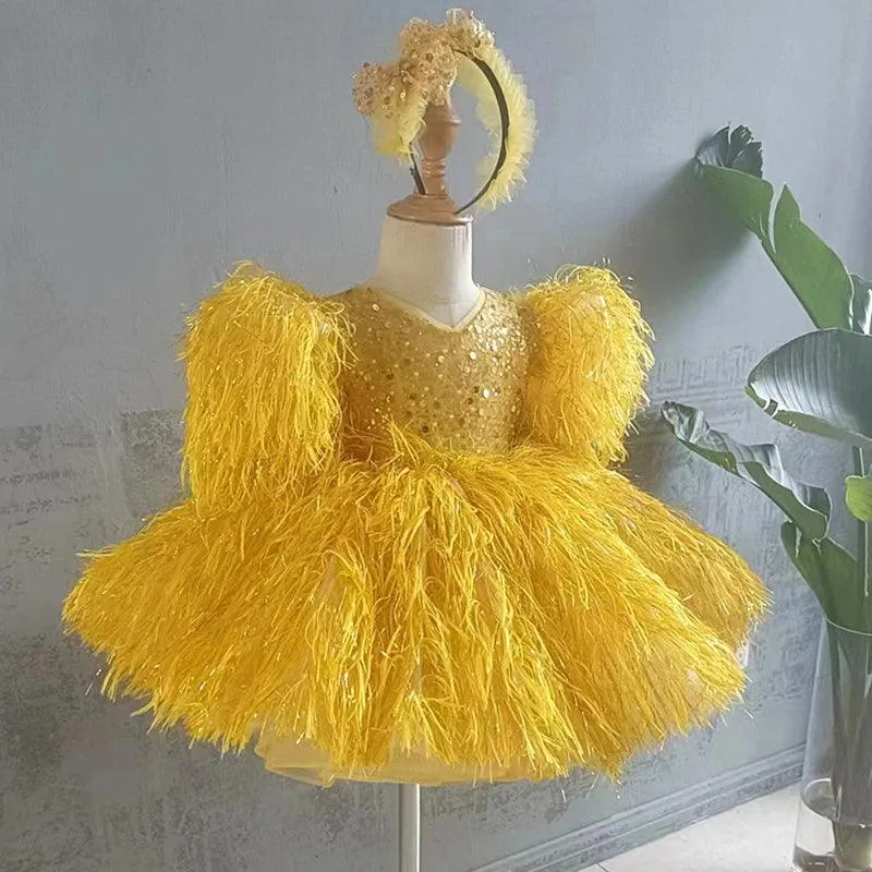 6M-12yrs Feather wedding party Sparklin dress for baby Sequin Girl's Dress