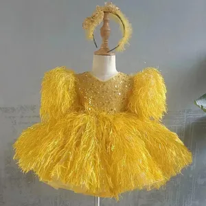 6M-12yrs Feather wedding party Sparklin dress for baby Sequin Girl's Dress