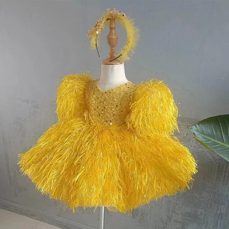 6M-12yrs Feather wedding party Sparklin dress for baby Sequin Girl's Dress