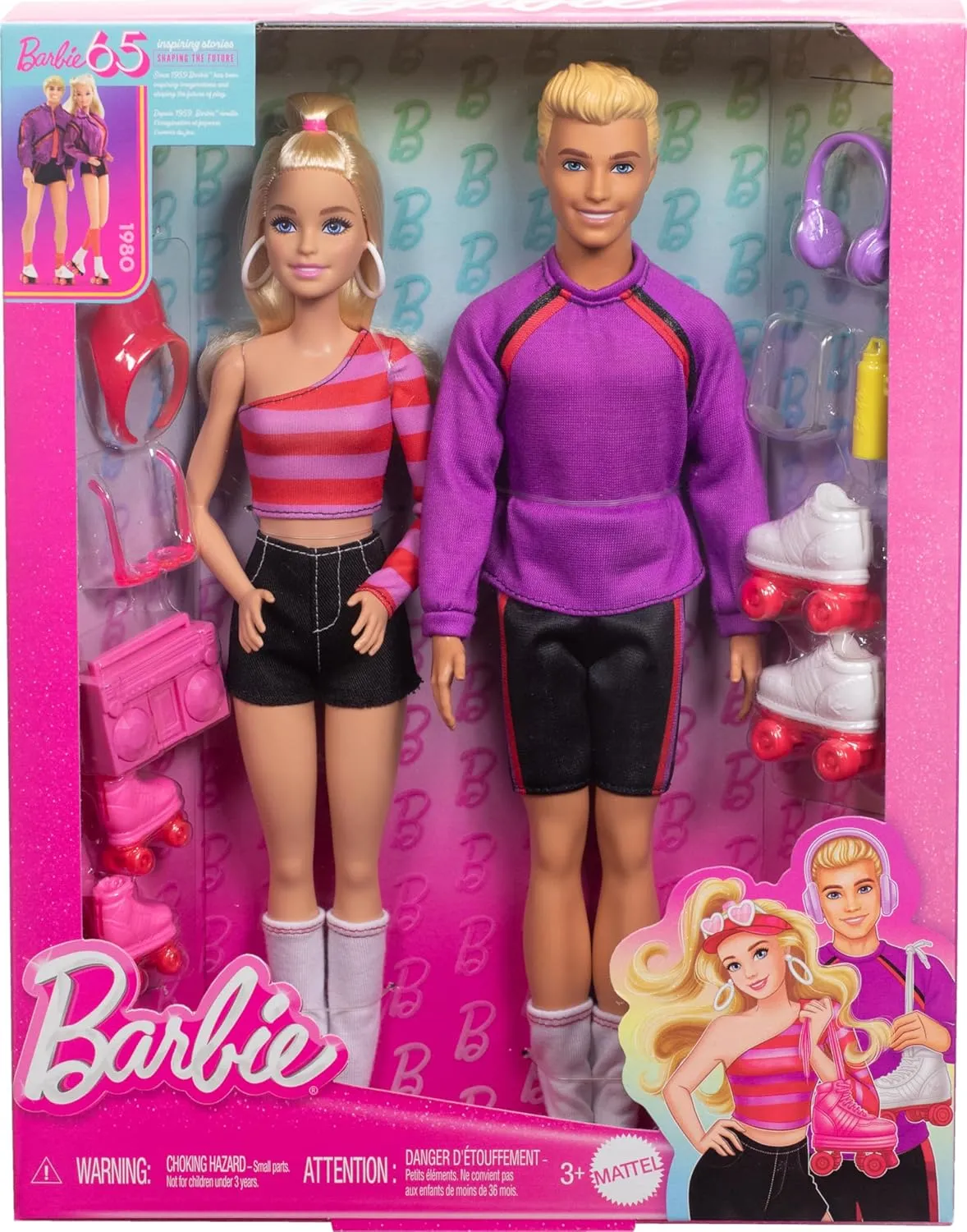 Barbie 65th Anniversary Fashionistas Set with 2 Roller-Skating Fashion Dolls & 6 Accessories for Kids Ages 3 