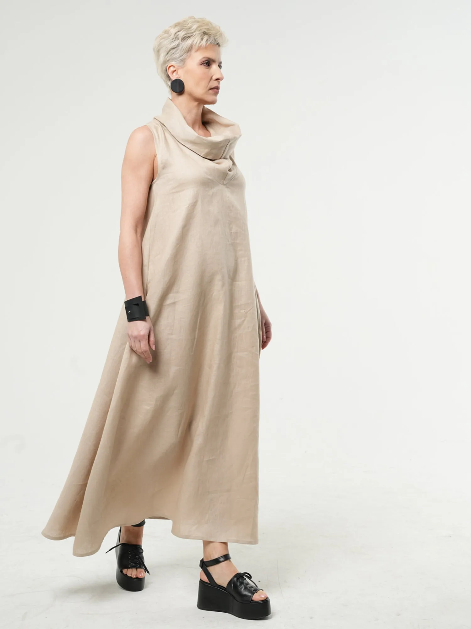 Beige Linen Maxi Dress With Large Collar