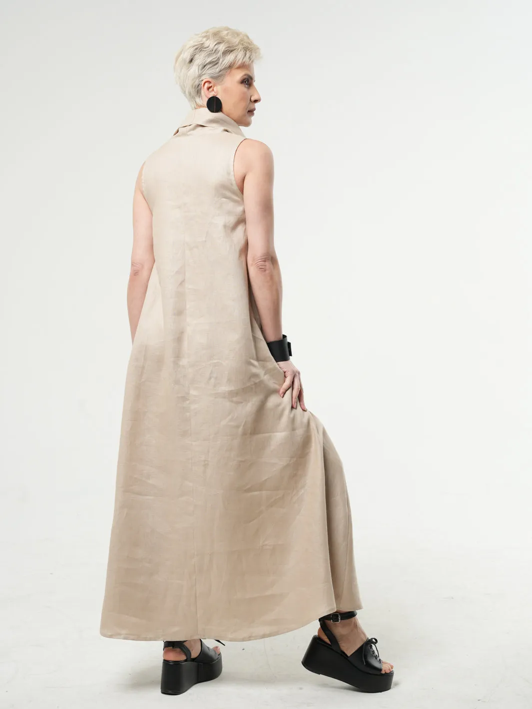 Beige Linen Maxi Dress With Large Collar