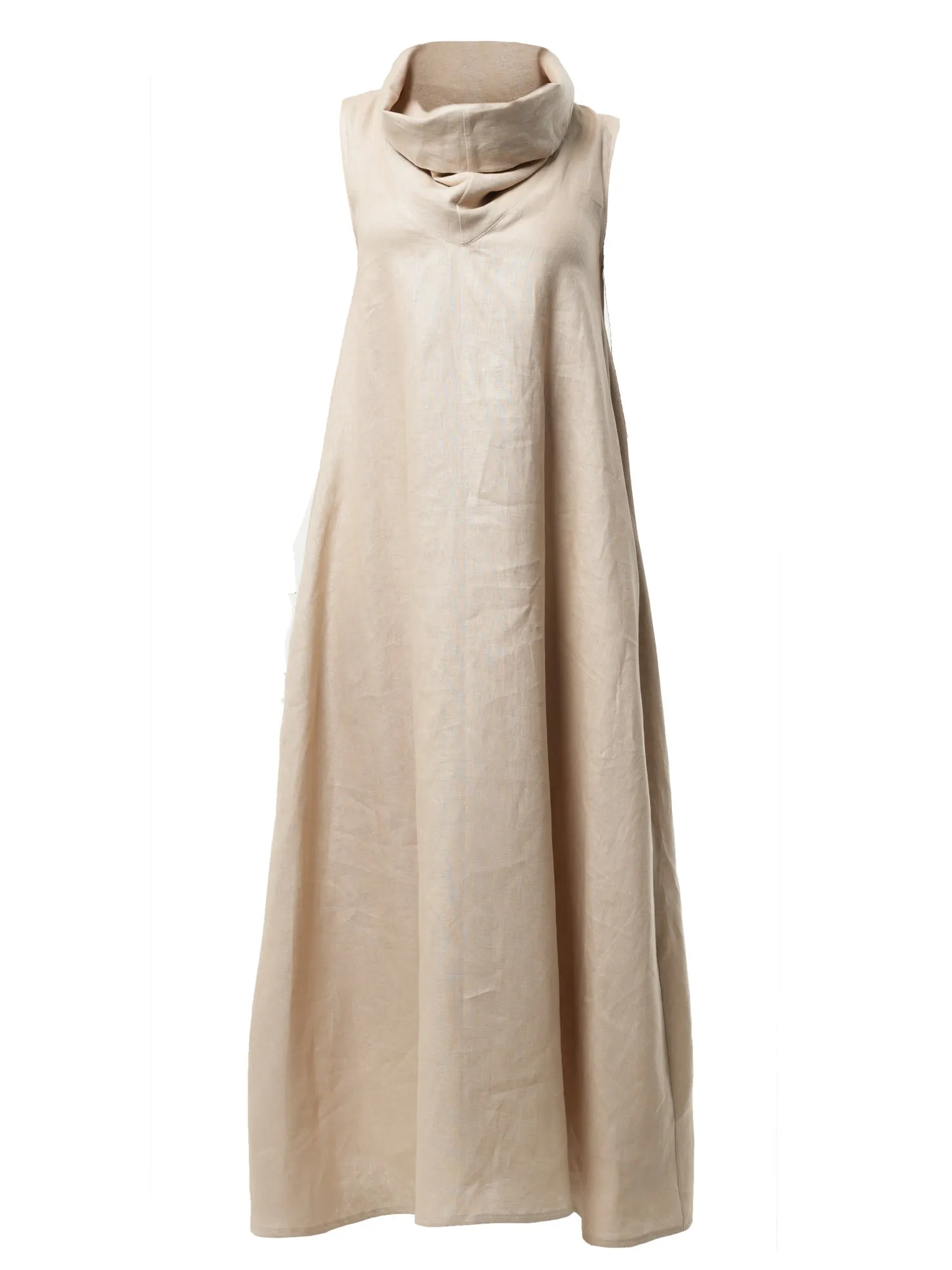 Beige Linen Maxi Dress With Large Collar
