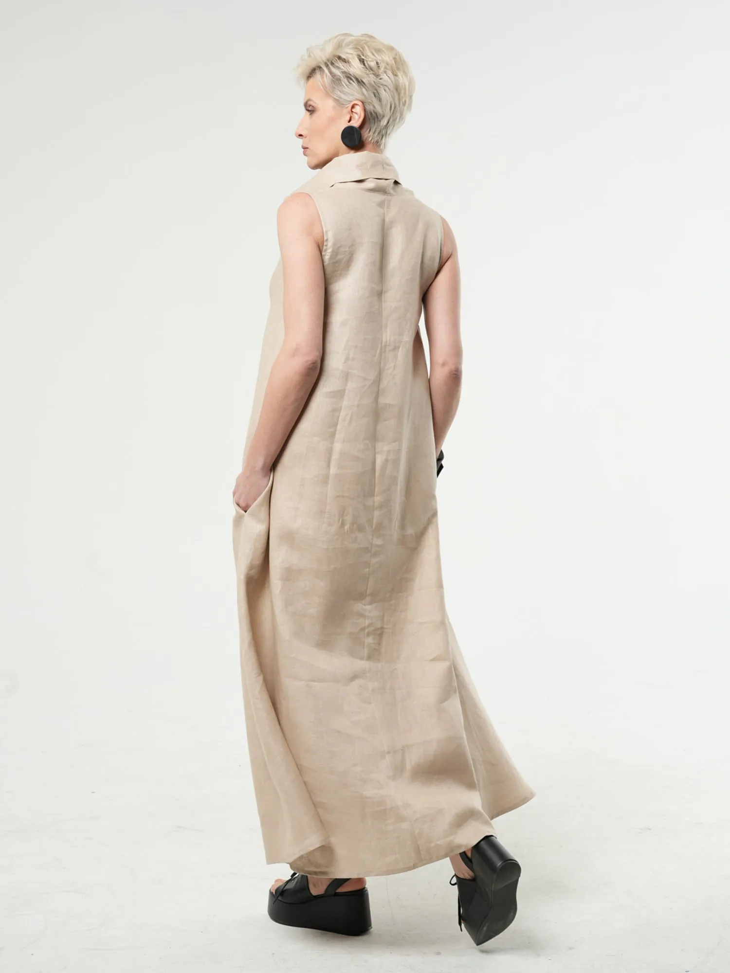 Beige Linen Maxi Dress With Large Collar