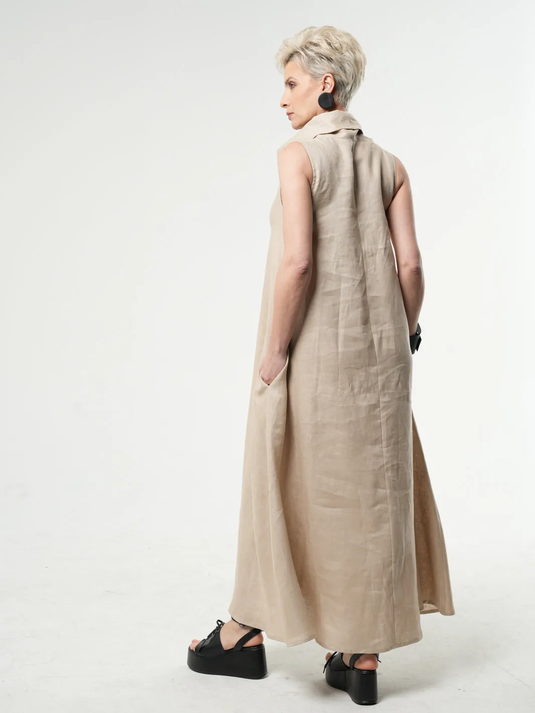 Beige Linen Maxi Dress With Large Collar