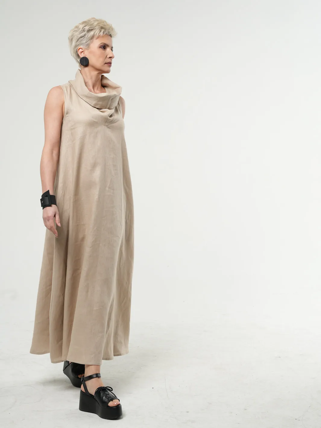 Beige Linen Maxi Dress With Large Collar