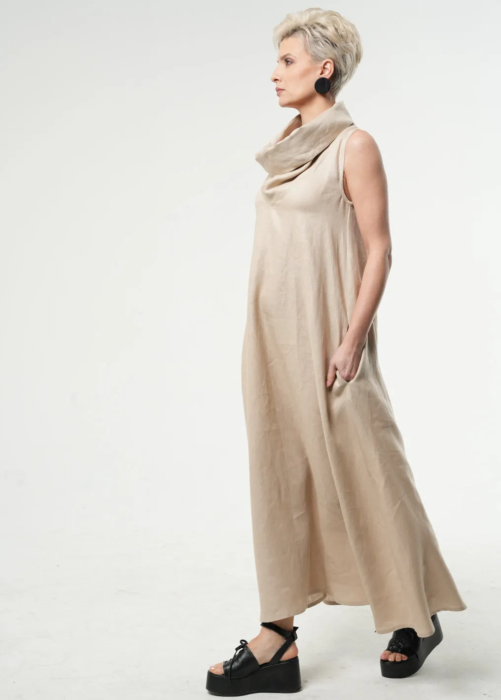 Beige Linen Maxi Dress With Large Collar