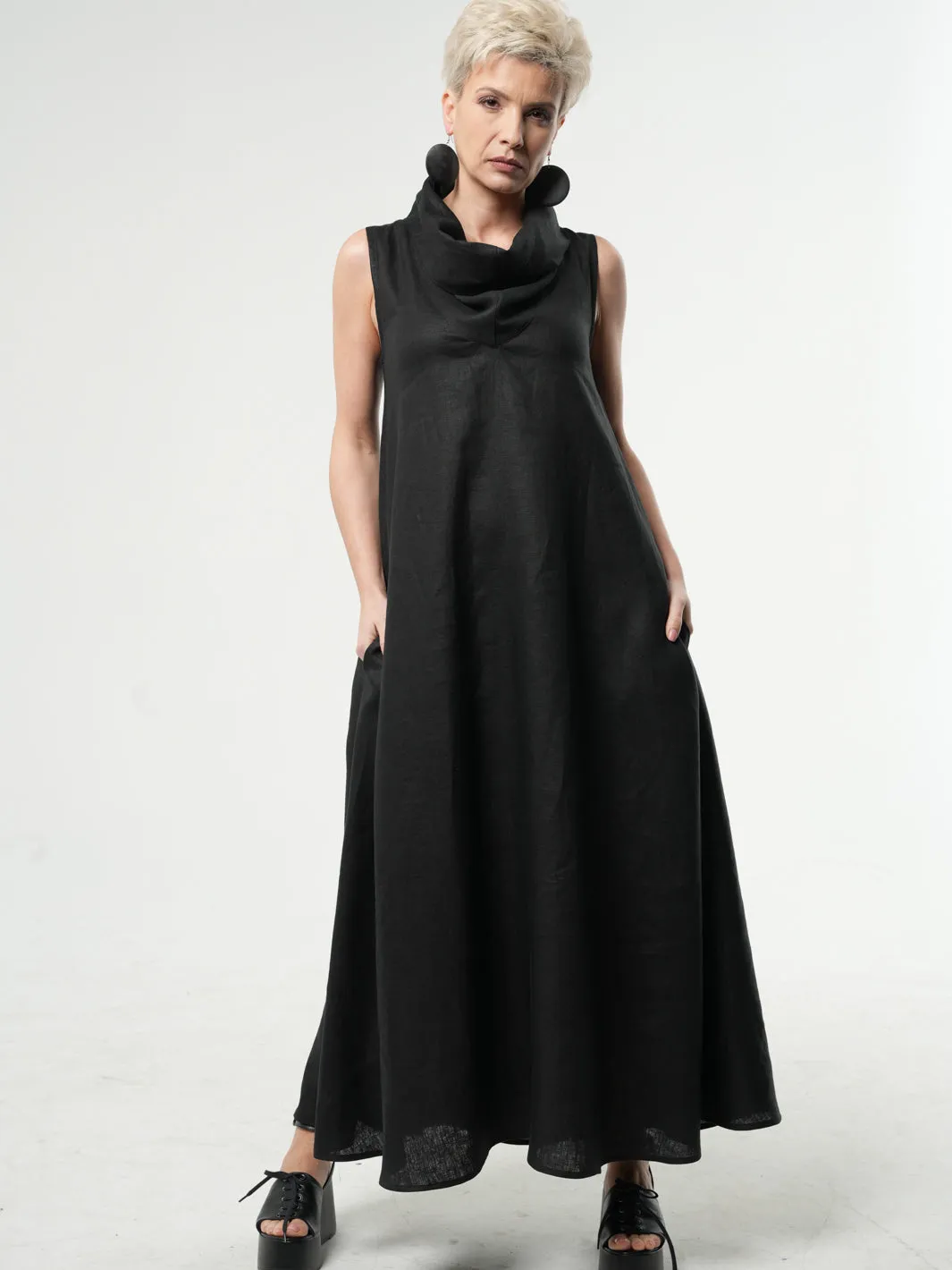Beige Linen Maxi Dress With Large Collar