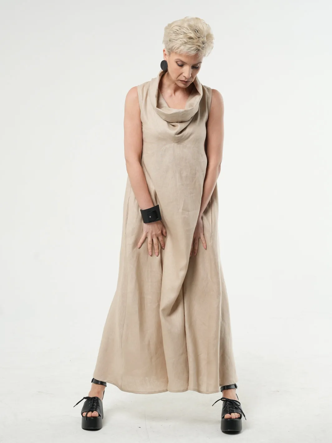 Beige Linen Maxi Dress With Large Collar