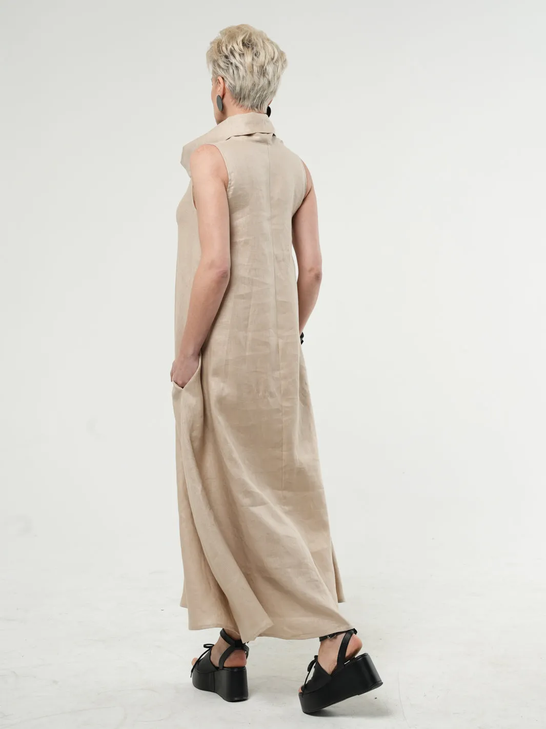 Beige Linen Maxi Dress With Large Collar