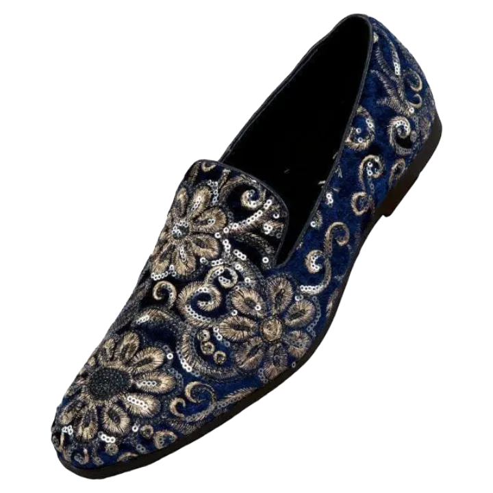 Blue and Gold Sequin Loafers Luxury Design Men's Slip-on Dress Shoes