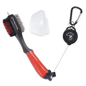 BUDDYBIRDIE Retractable Golf Club Brush | Oversized Double Sided Brush Head & Ergonomic Anti-Slip Rubber Hand Grip & Retractable Groove Cleaner & Retractable Lanyard with Carabiner (Red)