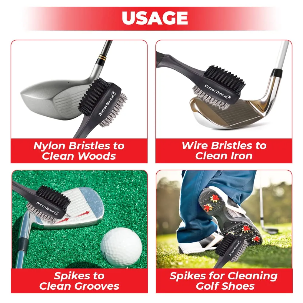 BUDDYBIRDIE Retractable Golf Club Brush | Oversized Double Sided Brush Head & Ergonomic Anti-Slip Rubber Hand Grip & Retractable Groove Cleaner & Retractable Lanyard with Carabiner (Red)