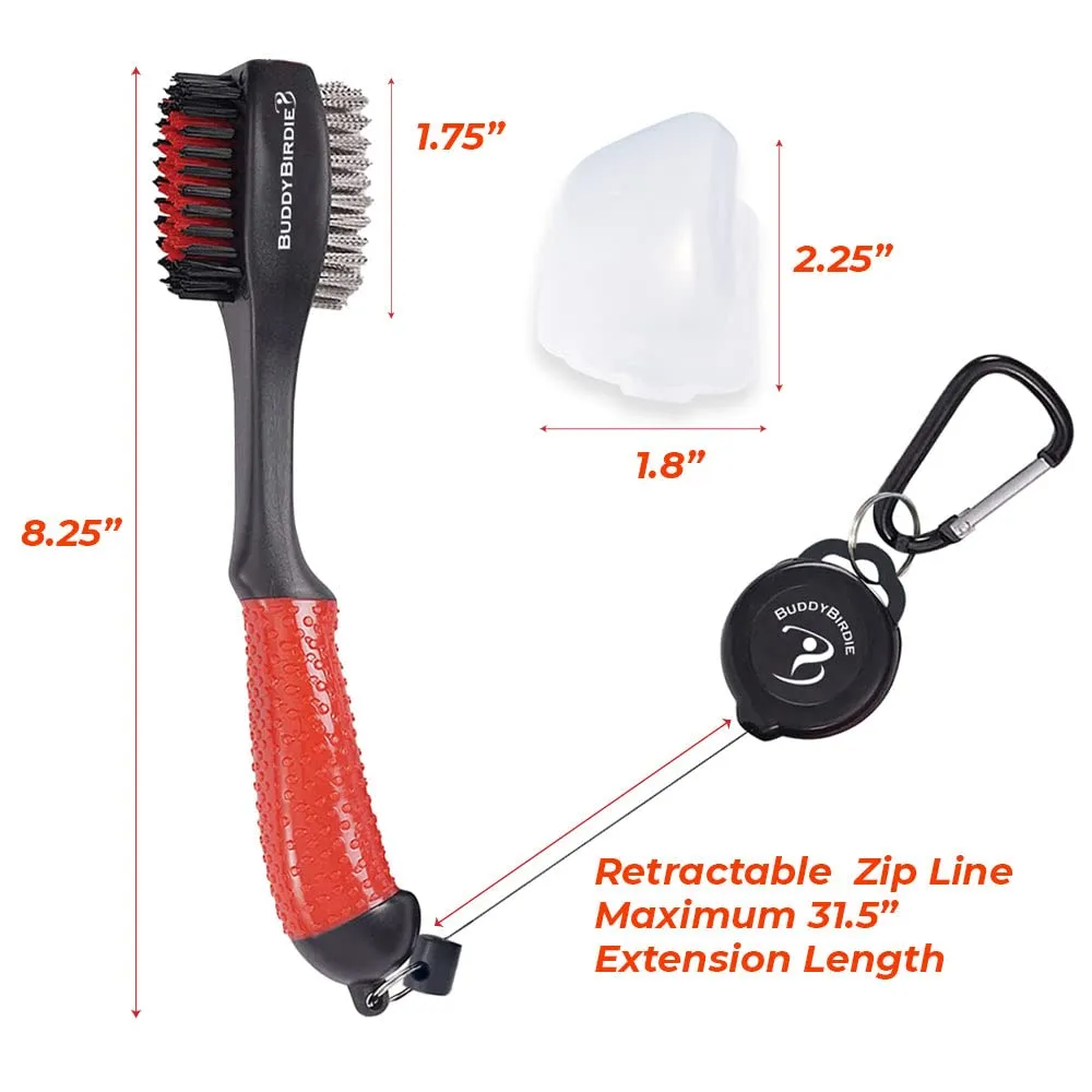BUDDYBIRDIE Retractable Golf Club Brush | Oversized Double Sided Brush Head & Ergonomic Anti-Slip Rubber Hand Grip & Retractable Groove Cleaner & Retractable Lanyard with Carabiner (Red)