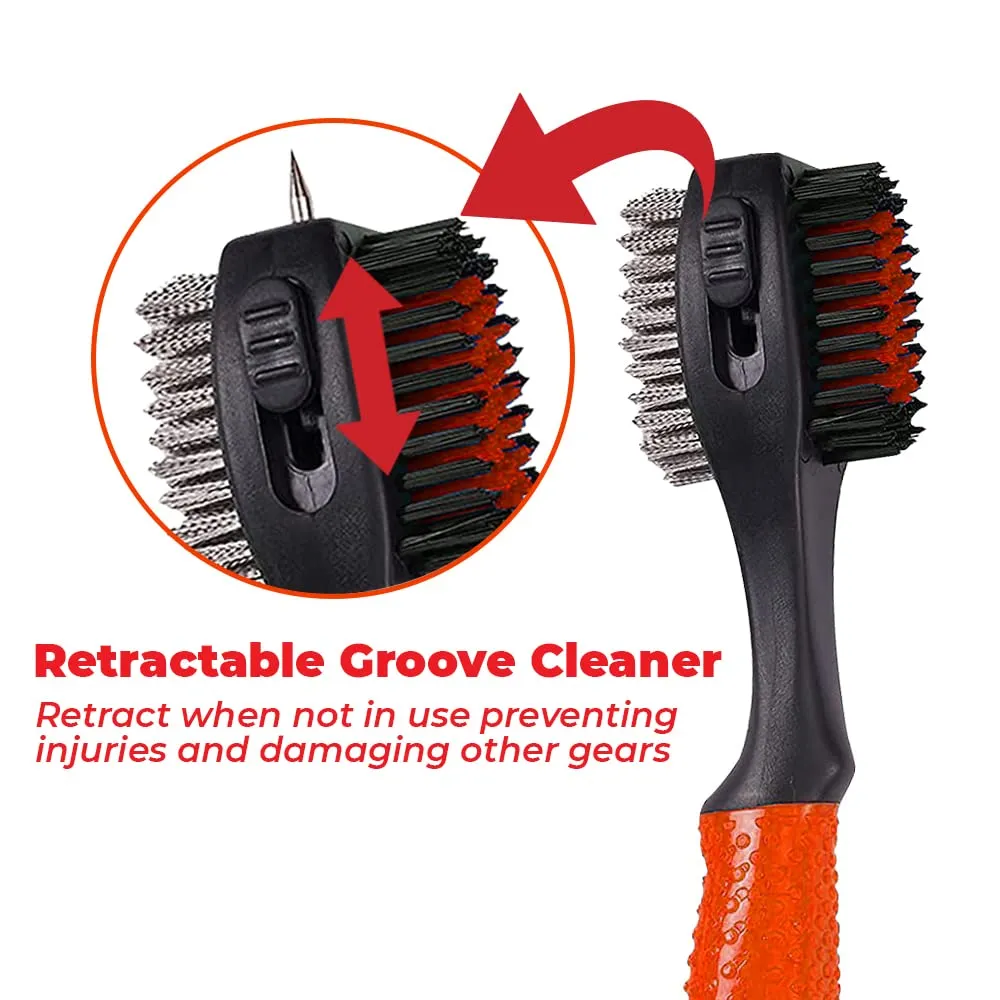 BUDDYBIRDIE Retractable Golf Club Brush | Oversized Double Sided Brush Head & Ergonomic Anti-Slip Rubber Hand Grip & Retractable Groove Cleaner & Retractable Lanyard with Carabiner (Red)