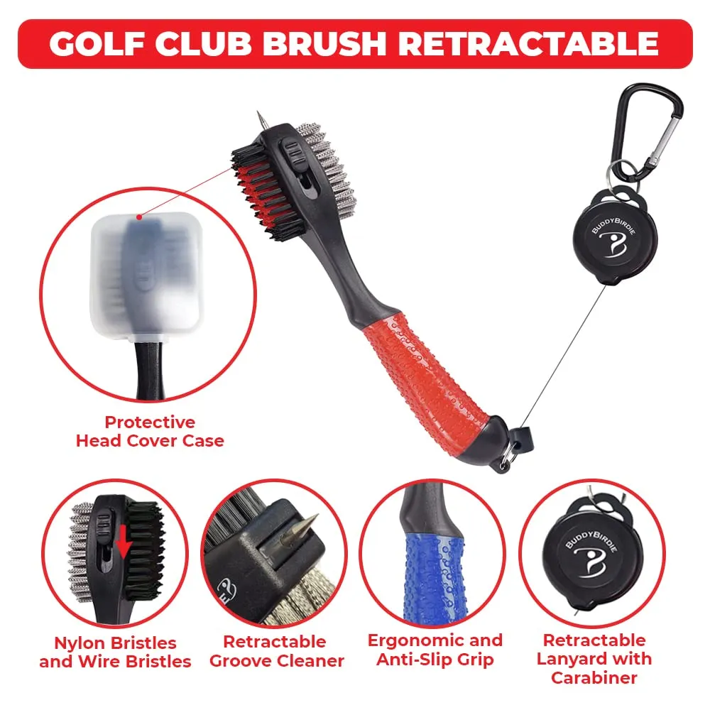 BUDDYBIRDIE Retractable Golf Club Brush | Oversized Double Sided Brush Head & Ergonomic Anti-Slip Rubber Hand Grip & Retractable Groove Cleaner & Retractable Lanyard with Carabiner (Red)