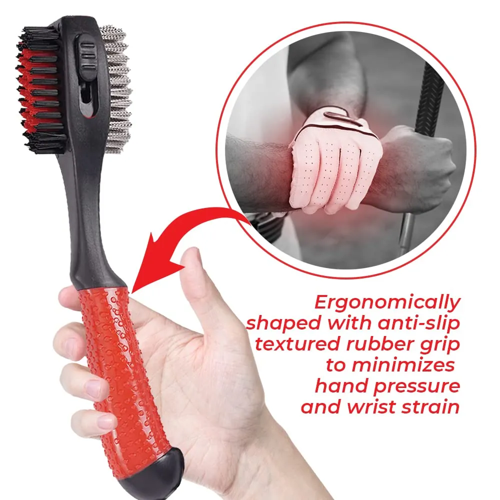 BUDDYBIRDIE Retractable Golf Club Brush | Oversized Double Sided Brush Head & Ergonomic Anti-Slip Rubber Hand Grip & Retractable Groove Cleaner & Retractable Lanyard with Carabiner (Red)
