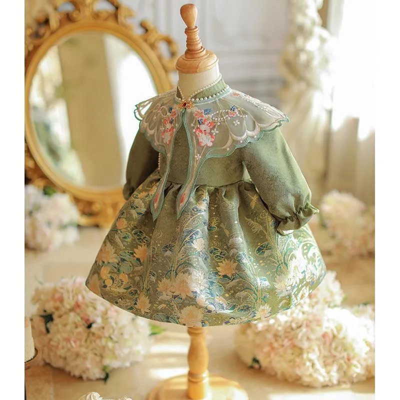 Girls Embroidery Noble and Elegant Princess Dress 2024 New Fashion Pearl Flower Print Long Sleeve Dress Carnival Birthday Party Dress
