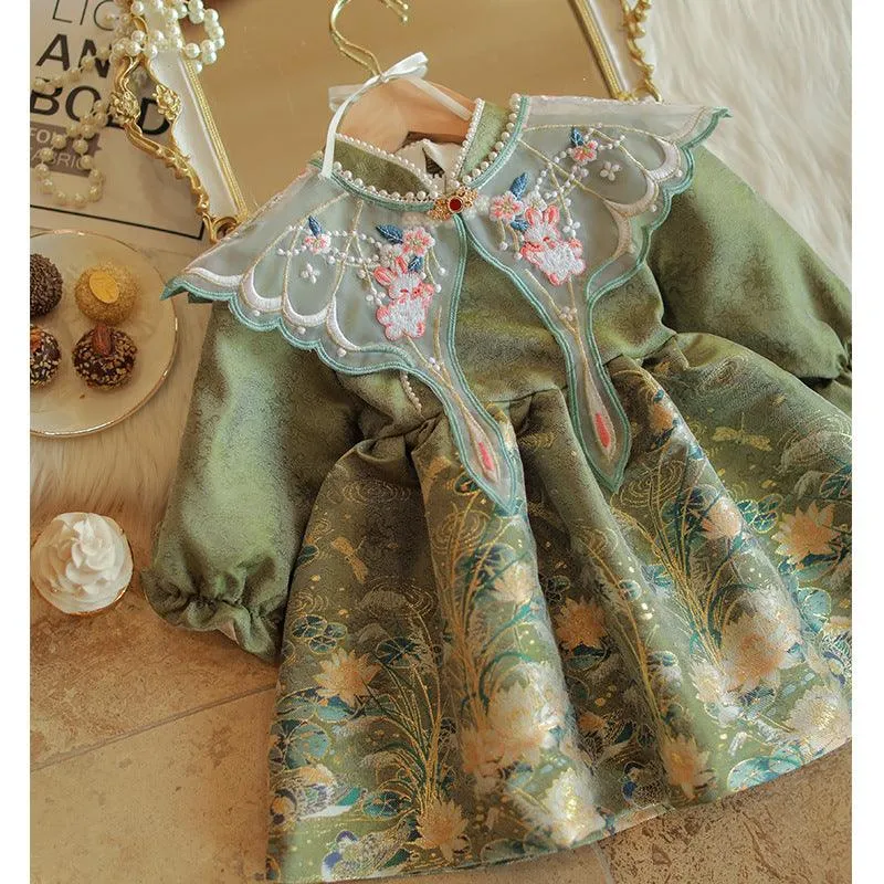 Girls Embroidery Noble and Elegant Princess Dress 2024 New Fashion Pearl Flower Print Long Sleeve Dress Carnival Birthday Party Dress
