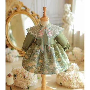 Girls Embroidery Noble and Elegant Princess Dress 2024 New Fashion Pearl Flower Print Long Sleeve Dress Carnival Birthday Party Dress