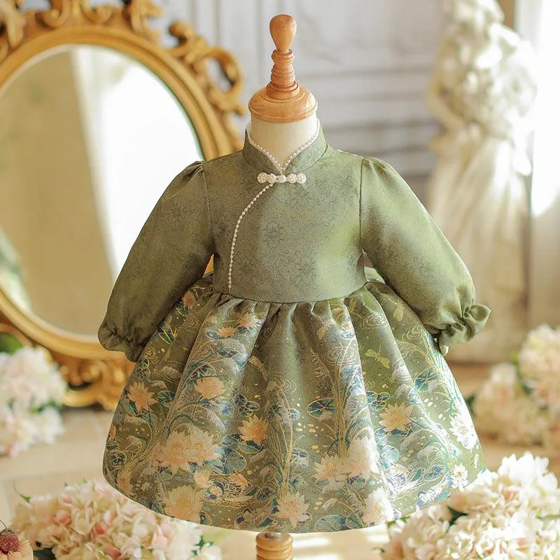 Girls Embroidery Noble and Elegant Princess Dress 2024 New Fashion Pearl Flower Print Long Sleeve Dress Carnival Birthday Party Dress