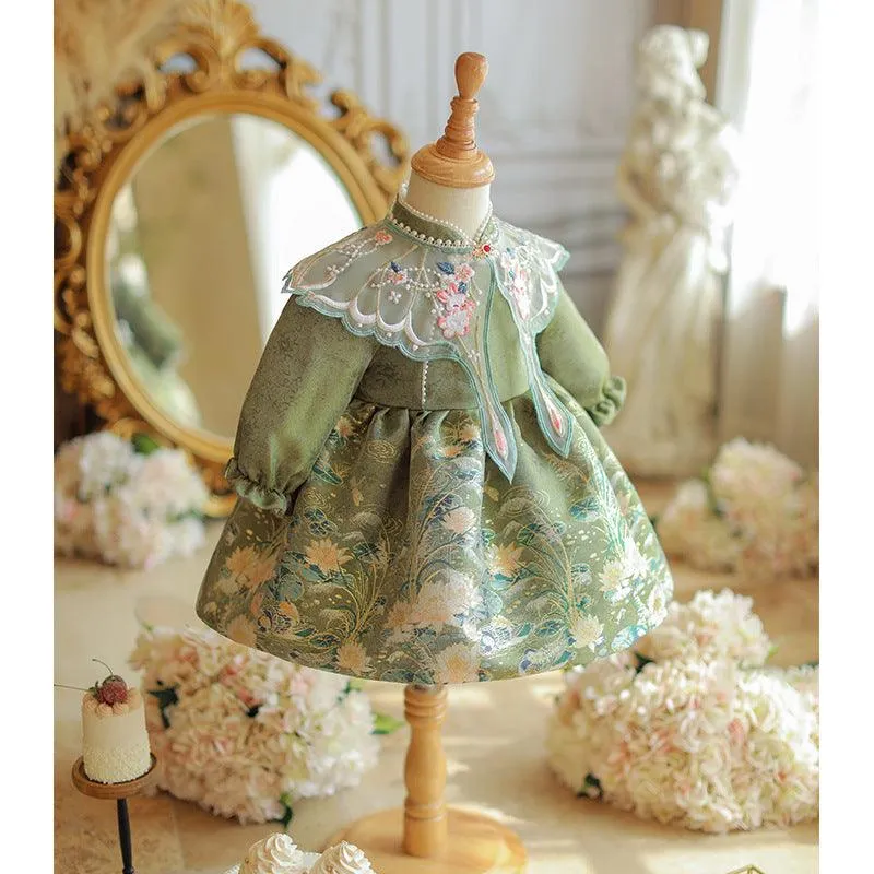 Girls Embroidery Noble and Elegant Princess Dress 2024 New Fashion Pearl Flower Print Long Sleeve Dress Carnival Birthday Party Dress