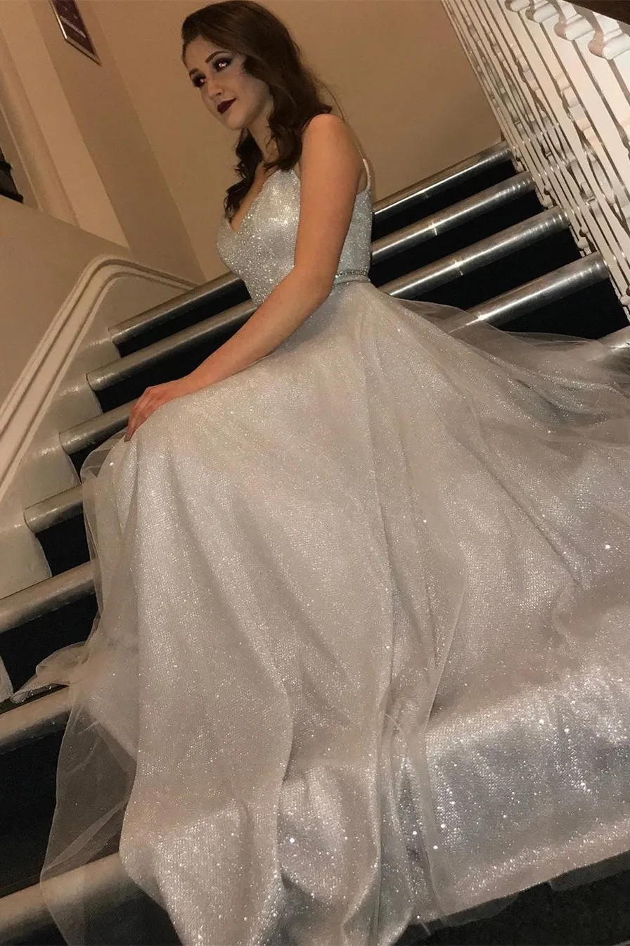 Glitter Silver Long Prom Dress with V Neckline UQP0036