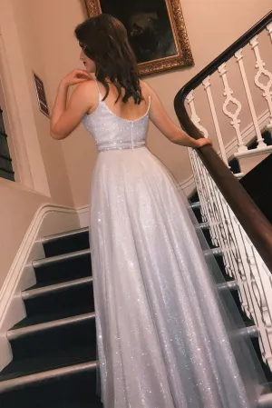 Glitter Silver Long Prom Dress with V Neckline UQP0036
