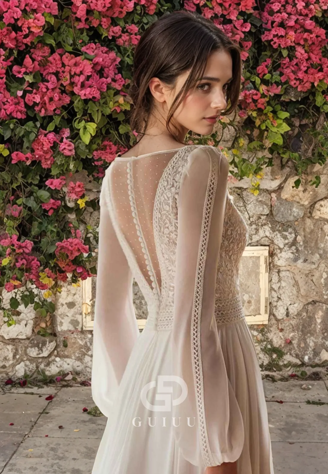 GW653 - Chic & Modern A-Line V-Neck Long Bishop Sleeves Floral Appliques Lace Wedding Dress with High Side Slit and Sweep Train