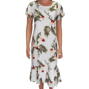 Half Sleeve Hawaiian Rayon Dress with White Orchid and White Background