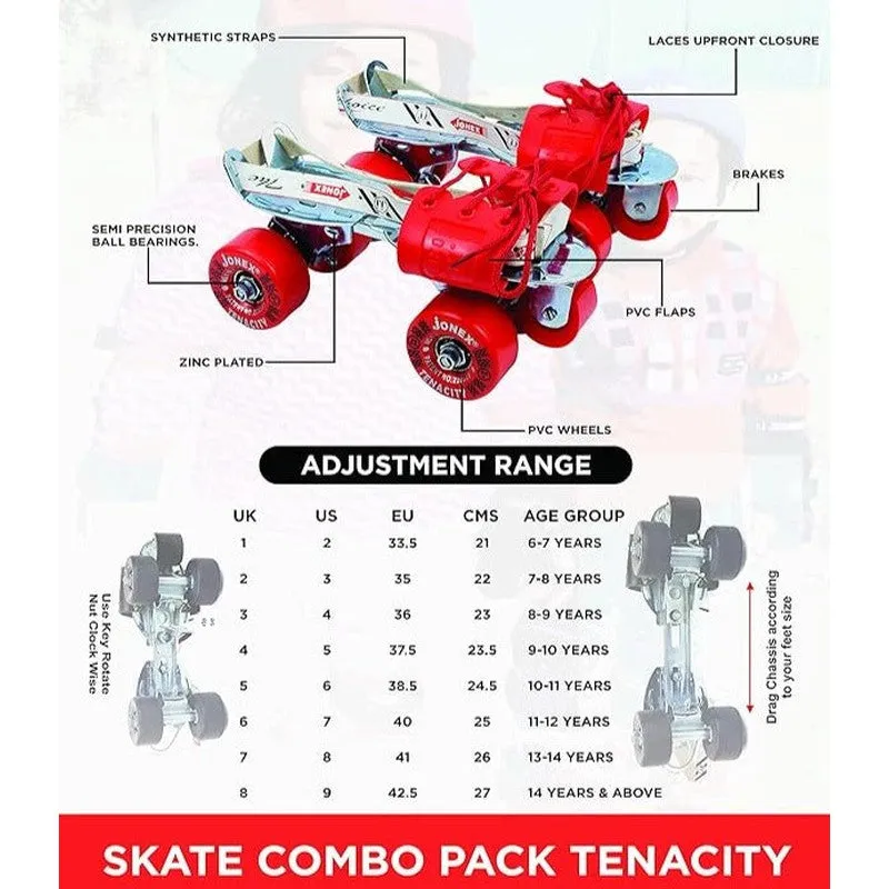 JJ Jonex Tenacity Adjustable Skates Combo (Skates   Helmet   Knee pad   Elbow pad   Skates Gloves   Key   Bag) (MYC) | Medium | Black/Red |  6-11 Years