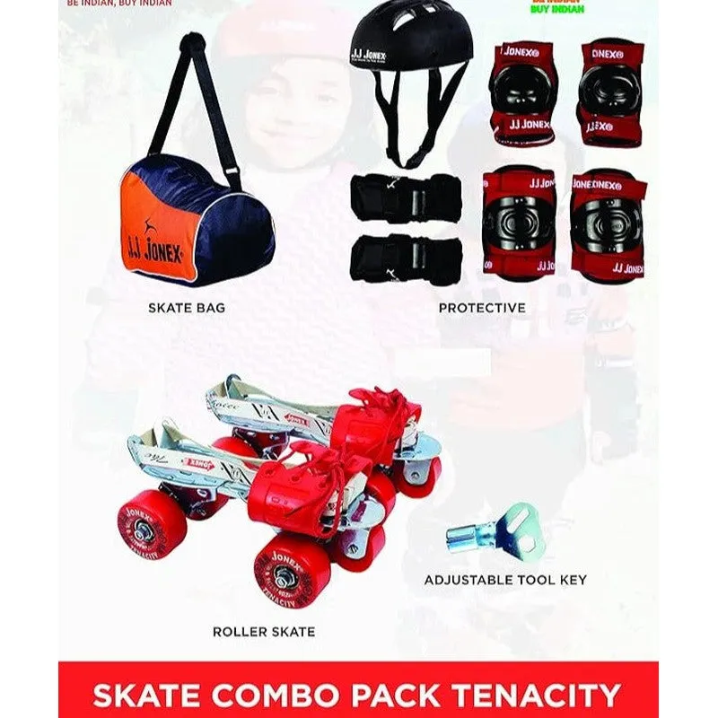 JJ Jonex Tenacity Adjustable Skates Combo (Skates   Helmet   Knee pad   Elbow pad   Skates Gloves   Key   Bag) (MYC) | Medium | Black/Red |  6-11 Years