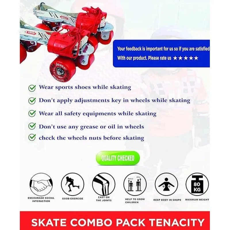JJ Jonex Tenacity Adjustable Skates Combo (Skates   Helmet   Knee pad   Elbow pad   Skates Gloves   Key   Bag) (MYC) | Medium | Black/Red |  6-11 Years