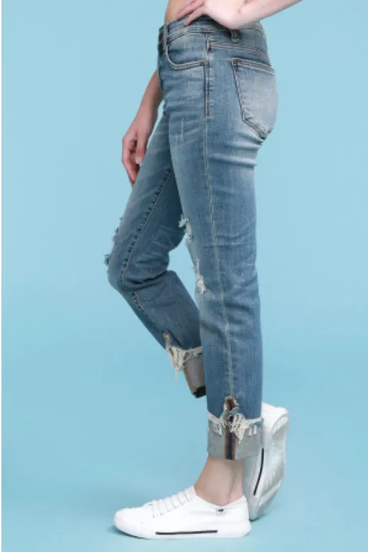 Judy Blue Mid Rise Destroyed Cuffed Relaxed Fit Jeans