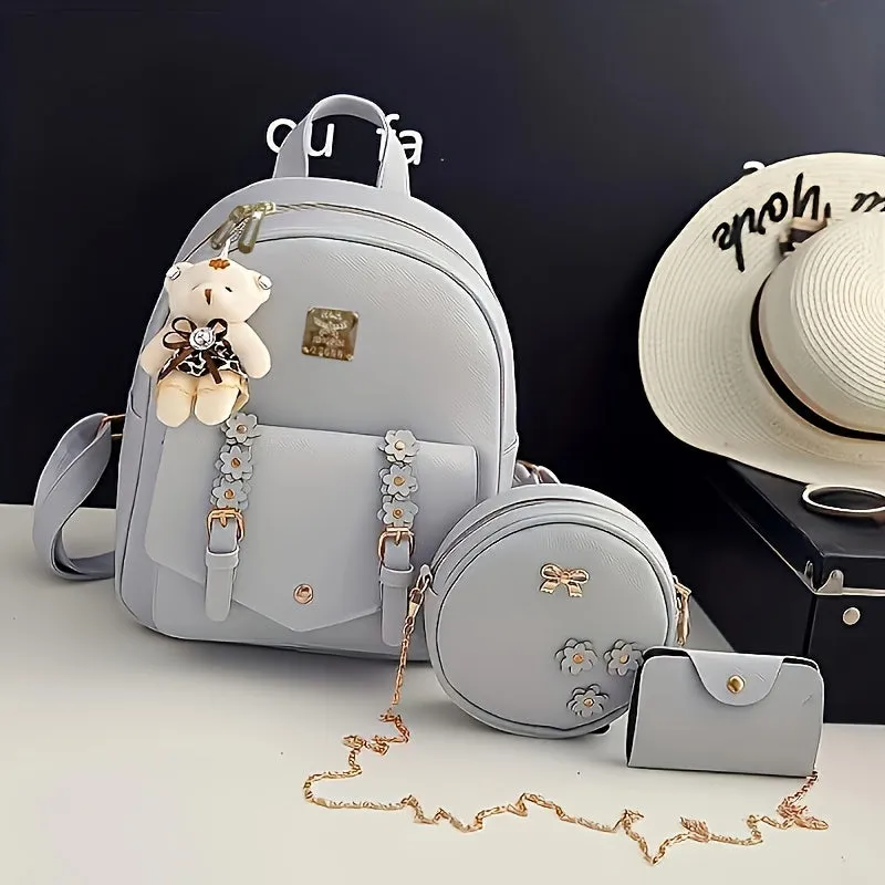 Kawaii Pink 3pcs Backpack Set: Water-resistant PU, Secure Zip, Durable Straps & Faux Leather - Versatile Travel Essentials