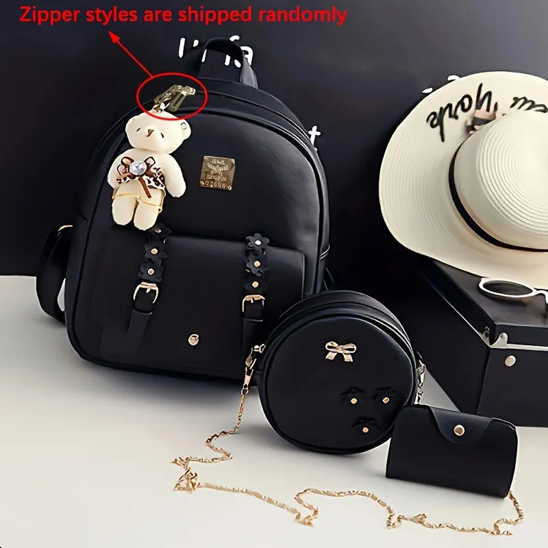 Kawaii Pink 3pcs Backpack Set: Water-resistant PU, Secure Zip, Durable Straps & Faux Leather - Versatile Travel Essentials