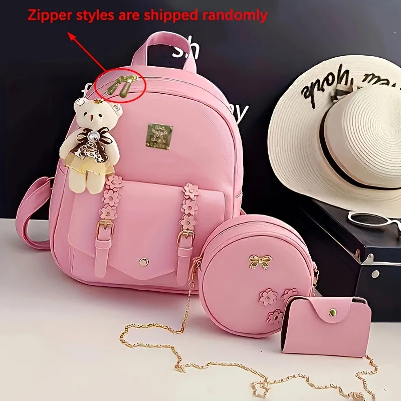 Kawaii Pink 3pcs Backpack Set: Water-resistant PU, Secure Zip, Durable Straps & Faux Leather - Versatile Travel Essentials