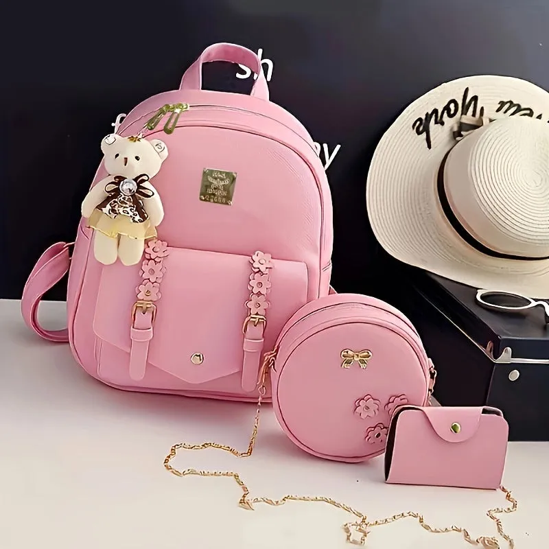 Kawaii Pink 3pcs Backpack Set: Water-resistant PU, Secure Zip, Durable Straps & Faux Leather - Versatile Travel Essentials
