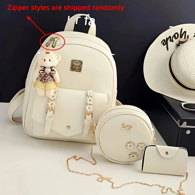 Kawaii Pink 3pcs Backpack Set: Water-resistant PU, Secure Zip, Durable Straps & Faux Leather - Versatile Travel Essentials