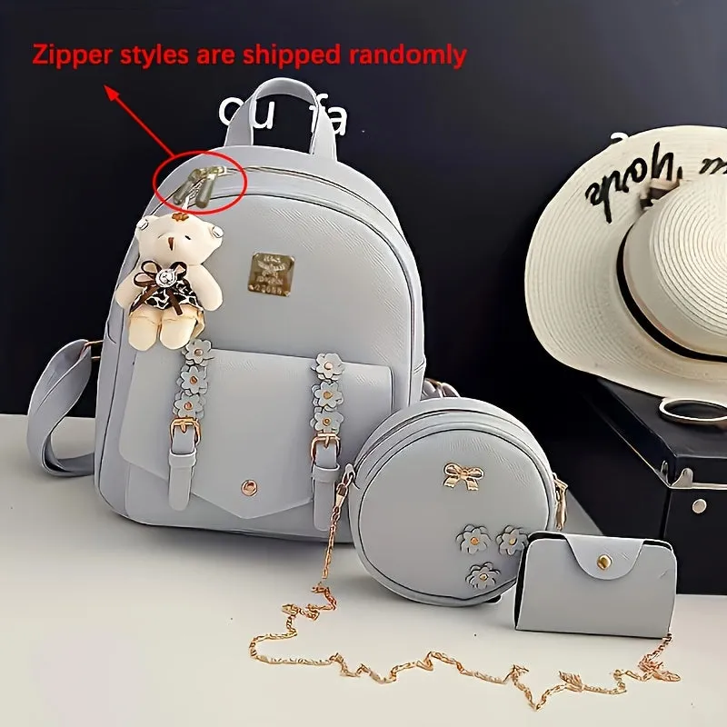 Kawaii Pink 3pcs Backpack Set: Water-resistant PU, Secure Zip, Durable Straps & Faux Leather - Versatile Travel Essentials