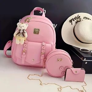 Kawaii Pink 3pcs Backpack Set: Water-resistant PU, Secure Zip, Durable Straps & Faux Leather - Versatile Travel Essentials